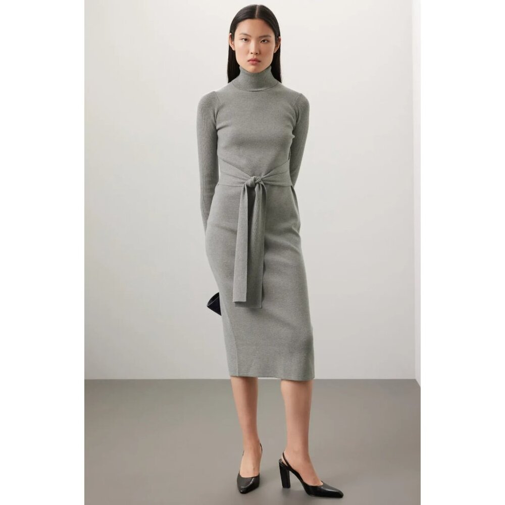 Toccin Gray Ribbed Knit Tie-Front Turtleneck Sweater Midi Dress Size XS